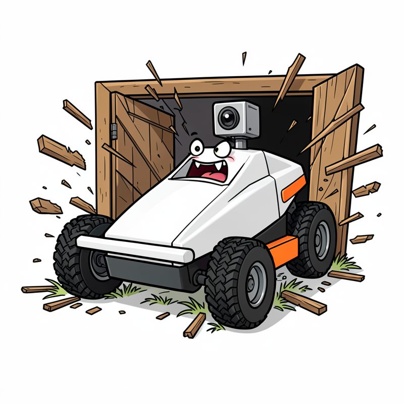 Cartoon LeeRoy, a white robot mower, bursting out of his garage